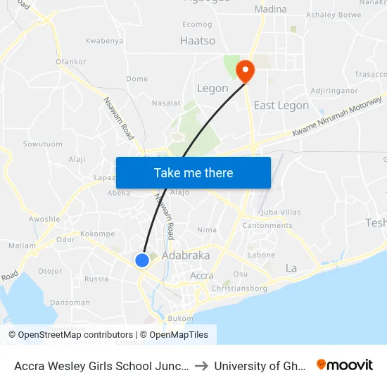 Accra Wesley Girls School Junction to University of Ghana map