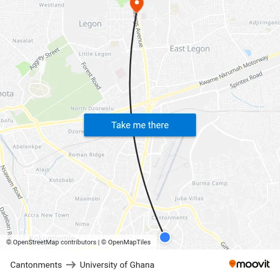 Cantonments to University of Ghana map