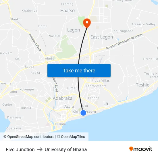 Five Junction to University of Ghana map