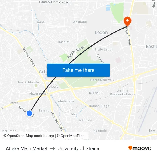 Abeka Main Market to University of Ghana map