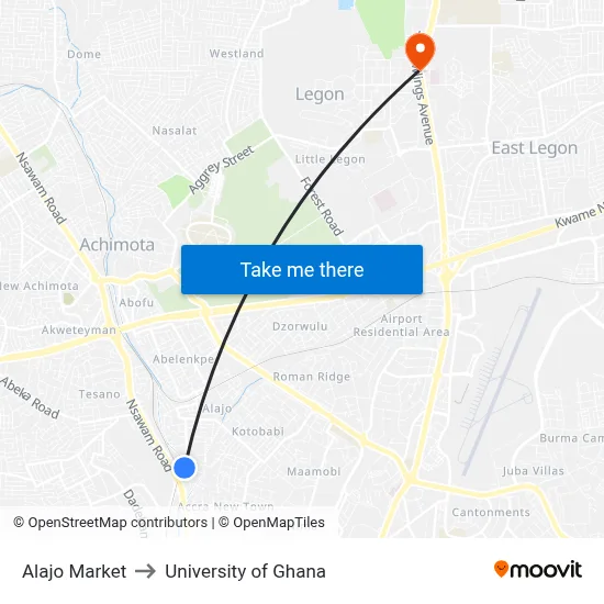 Alajo Market to University of Ghana map
