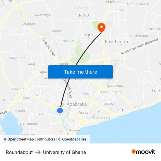 Roundabout to University of Ghana map