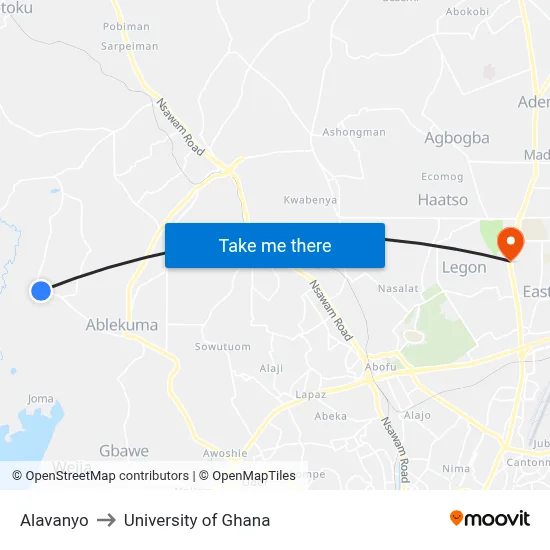 Alavanyo to University of Ghana map