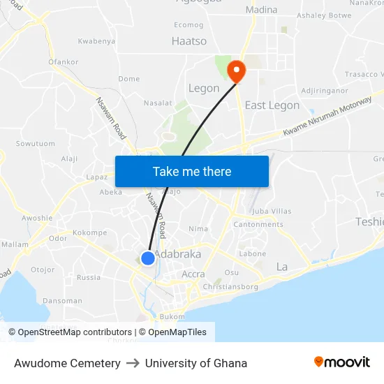 Awudome Cemetery to University of Ghana map