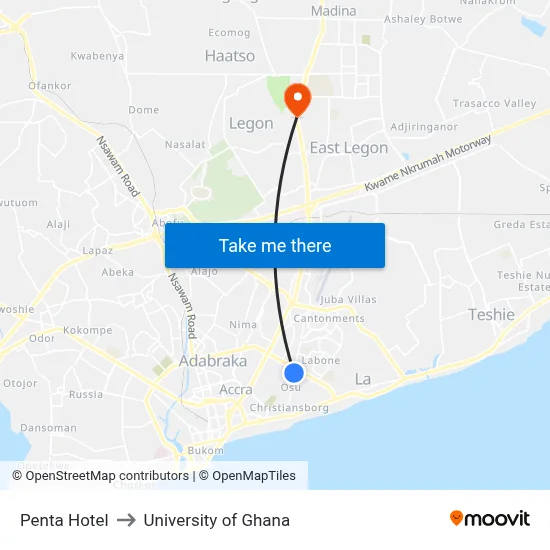 Penta Hotel to University of Ghana map