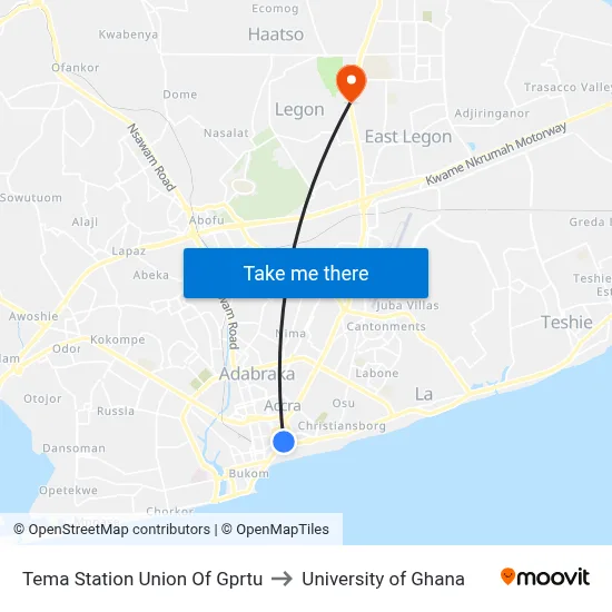 Tema Station Union Of Gprtu to University of Ghana map