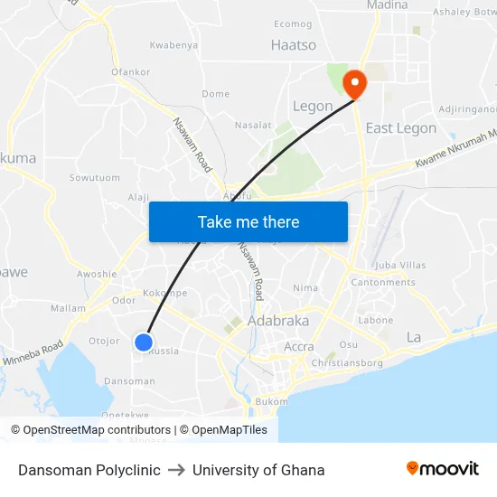 Dansoman Polyclinic to University of Ghana map