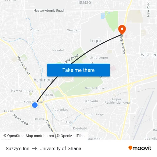 Suzzy's Inn to University of Ghana map