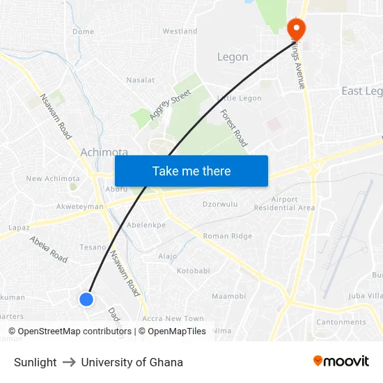 Sunlight to University of Ghana map