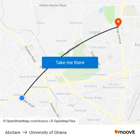 Abotare to University of Ghana map
