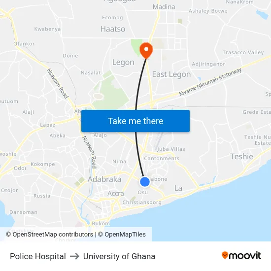 Police Hospital to University of Ghana map