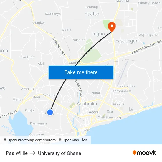Paa Willie to University of Ghana map