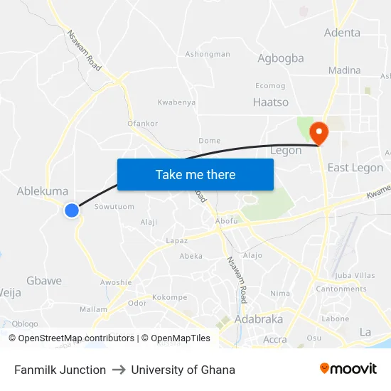 Fanmilk Junction to University of Ghana map
