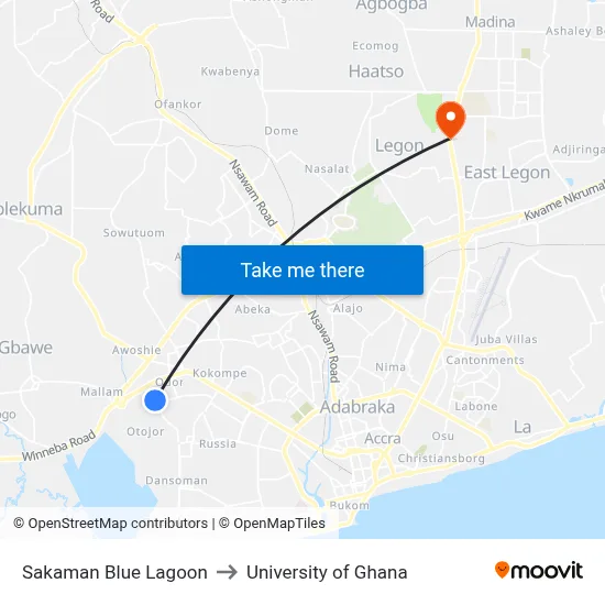 Sakaman Blue Lagoon to University of Ghana map