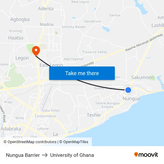 Nungua Barrier to University of Ghana map