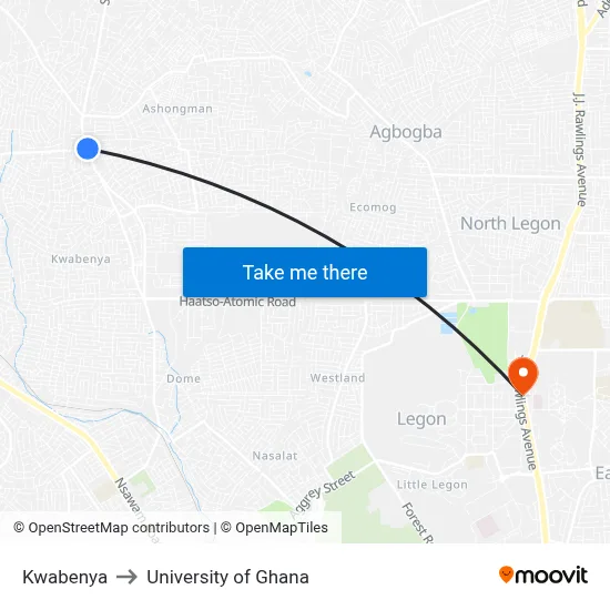 Kwabenya to University of Ghana map