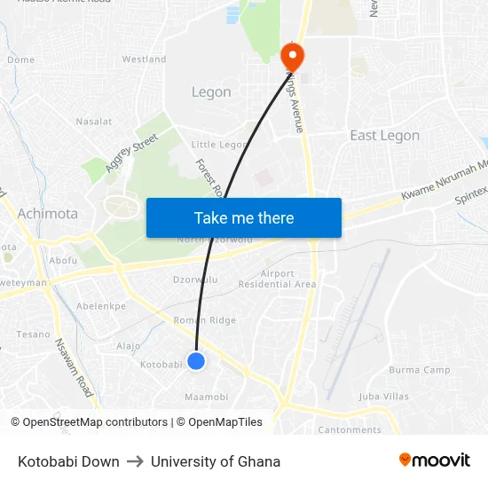 Kotobabi Down to University of Ghana map