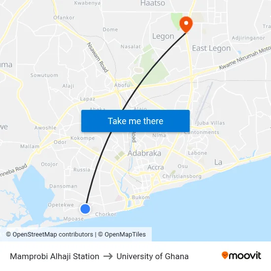 Mamprobi Alhaji Station to University of Ghana map