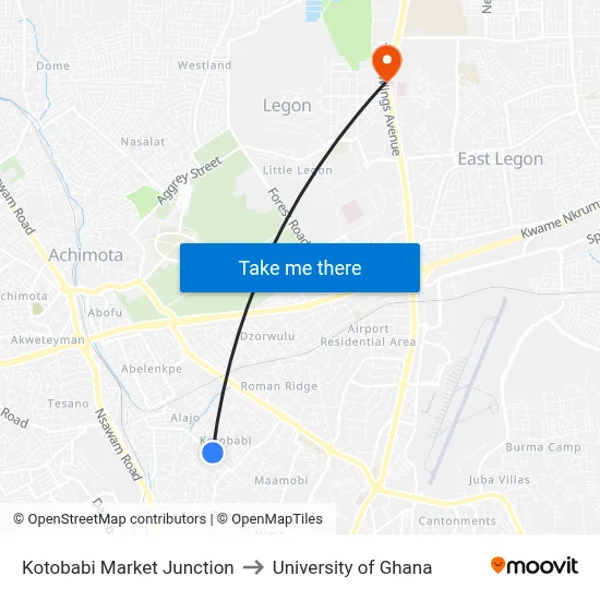 Kotobabi Market Junction to University of Ghana map