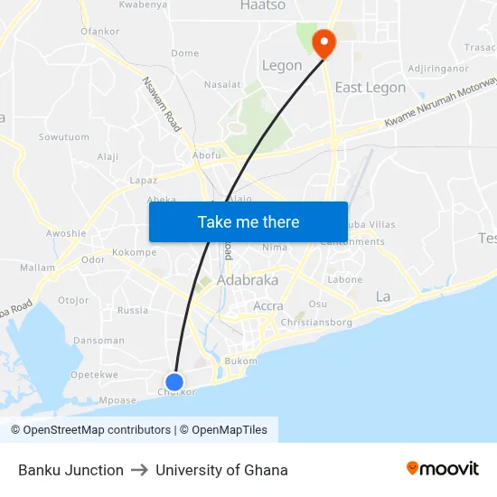 Banku Junction to University of Ghana map