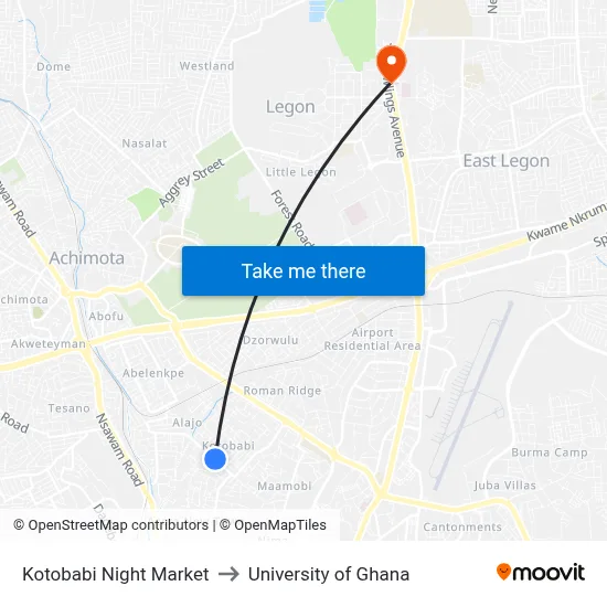 Kotobabi Night Market to University of Ghana map