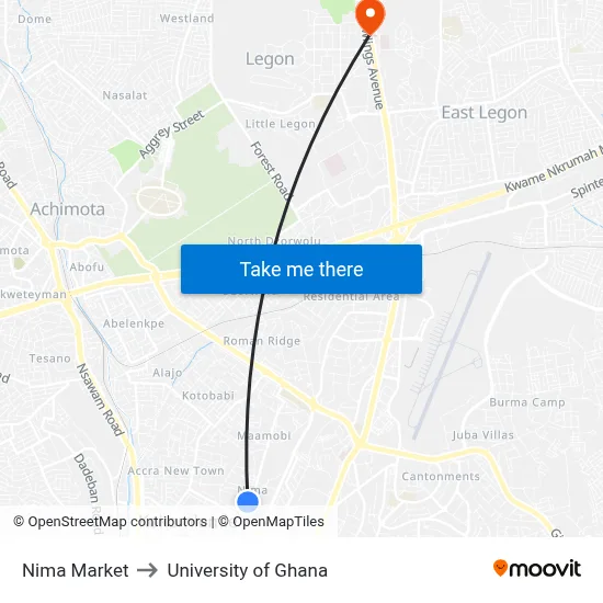 Nima Market to University of Ghana map