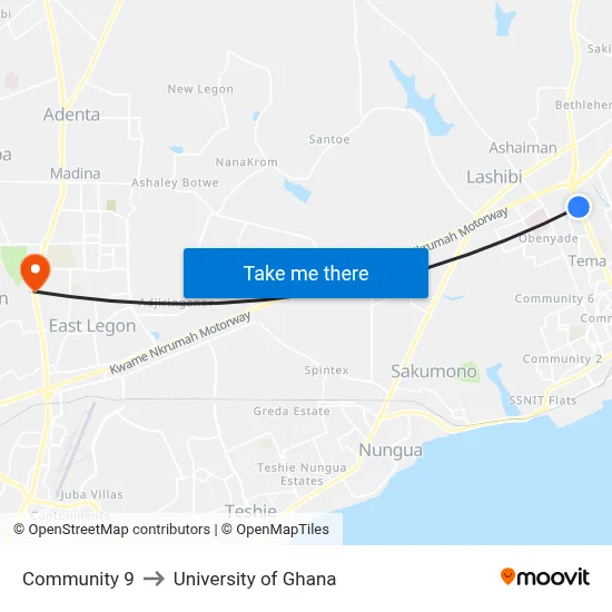 Community 9 to University of Ghana map