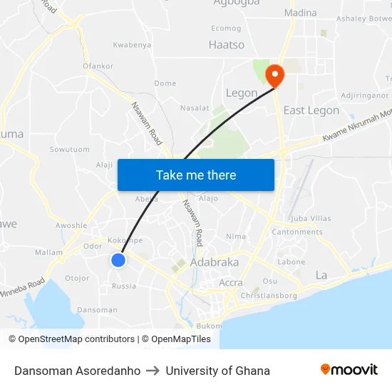 Dansoman Asoredanho to University of Ghana map