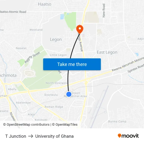 T Junction to University of Ghana map