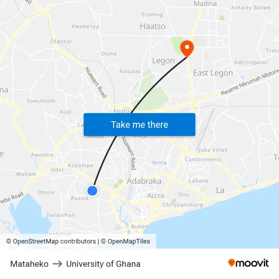 Mataheko to University of Ghana map