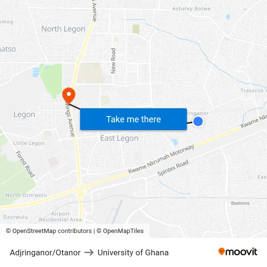 Adjringanor/Otanor to University of Ghana map