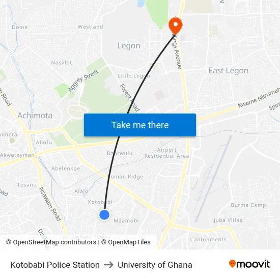 Kotobabi Police Station to University of Ghana map
