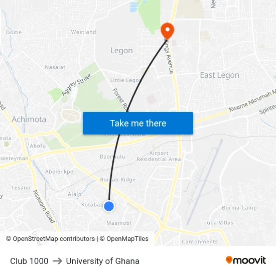 Club 1000 to University of Ghana map