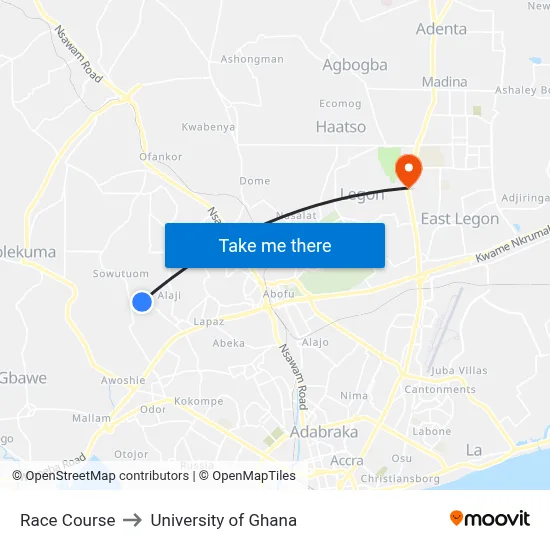 Race Course to University of Ghana map