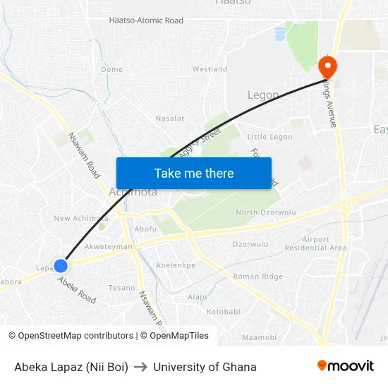 Abeka Lapaz (Nii Boi) to University of Ghana map