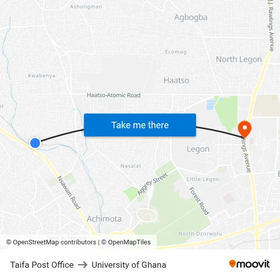 Taifa Post Office to University of Ghana map