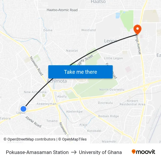 Pokuase-Amasaman Station to University of Ghana map
