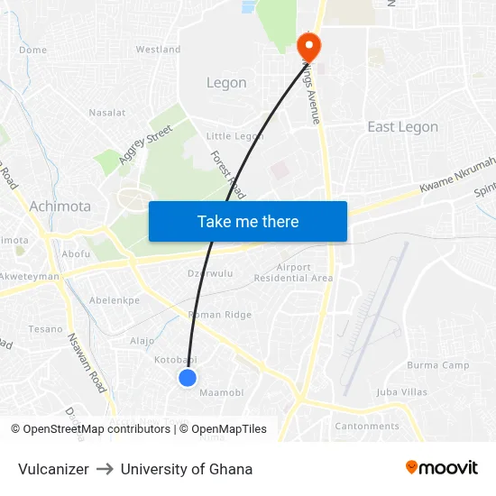 Vulcanizer to University of Ghana map