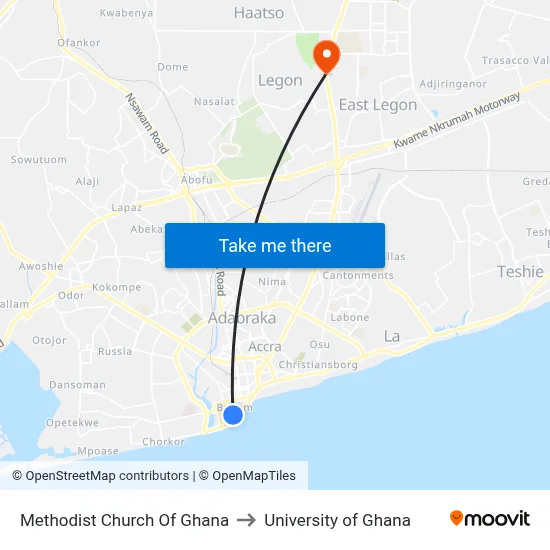 Methodist Church Of Ghana to University of Ghana map
