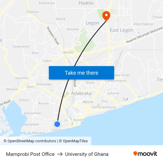 Mamprobi Post Office to University of Ghana map