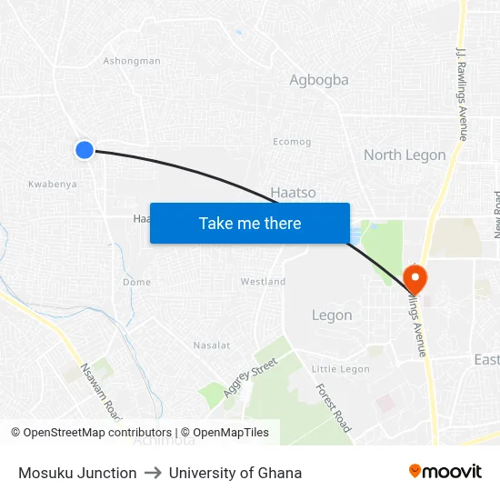 Mosuku Junction to University of Ghana map