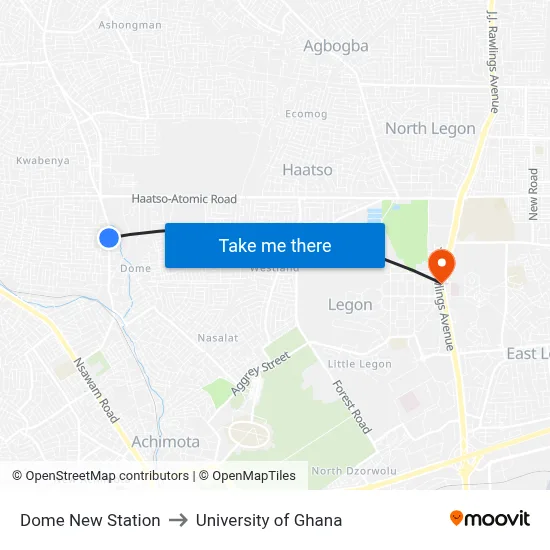 Dome New Station to University of Ghana map