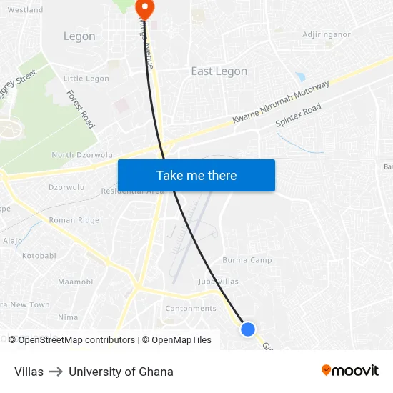 Villas to University of Ghana map