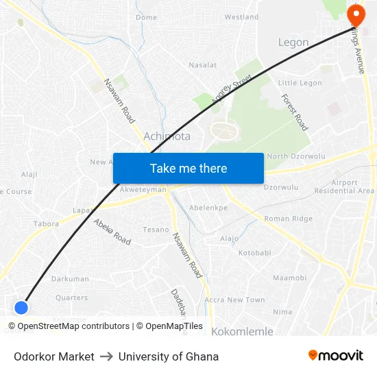 Odorkor Market to University of Ghana map