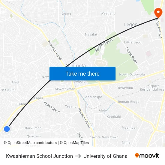 Kwashieman School Junction to University of Ghana map