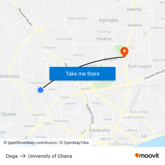 Dega to University of Ghana map