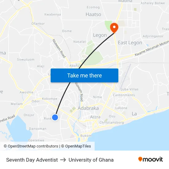Seventh Day Adventist to University of Ghana map