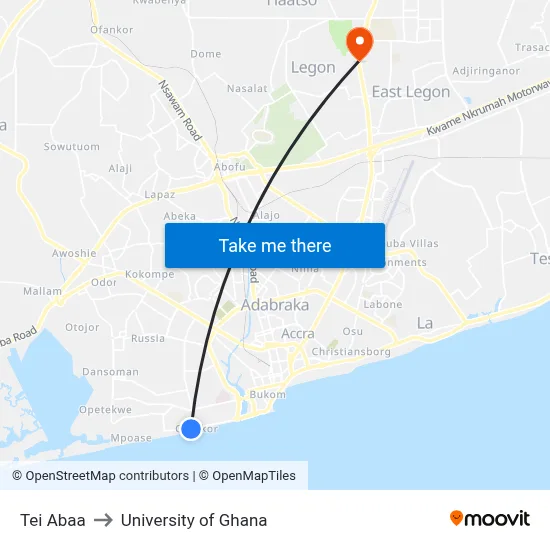 Tei Abaa to University of Ghana map
