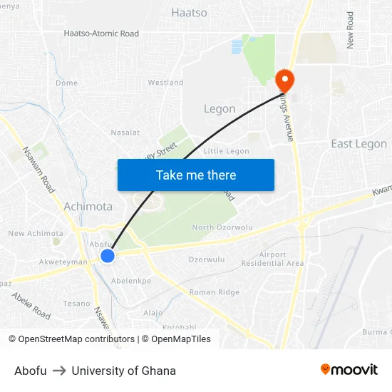 Abofu to University of Ghana map