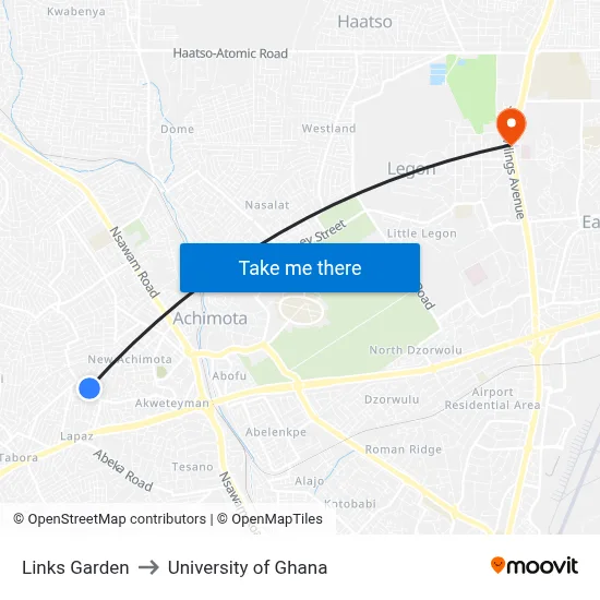 Links Garden to University of Ghana map